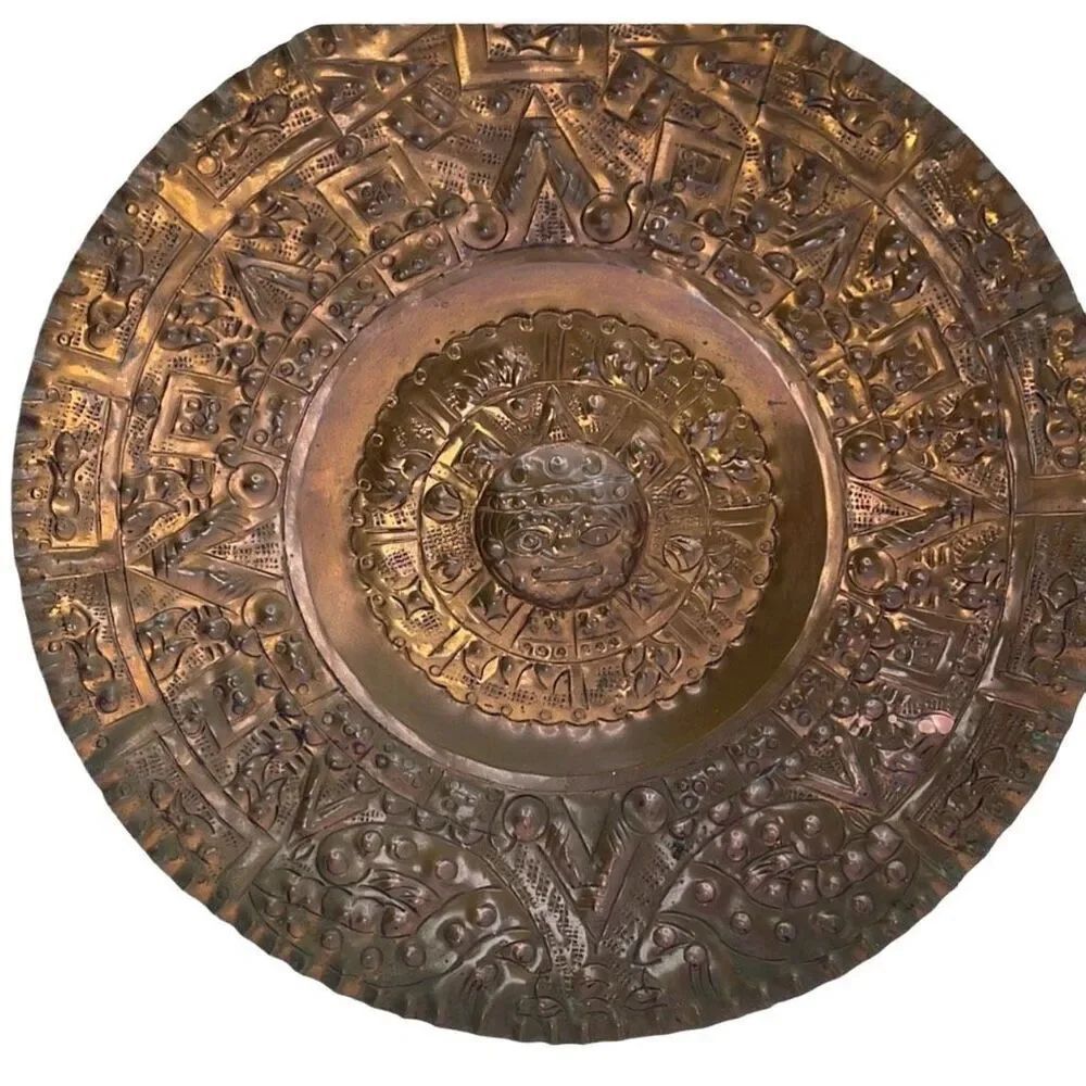 Vintage Mayan copper hammered embossed MCM sun plate.